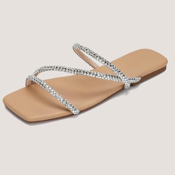 NWT - DOBOLIN - Flat Strappy Square Open Toe Rhinestone Sandals - Size 9 Wide - Picture 1 of 7